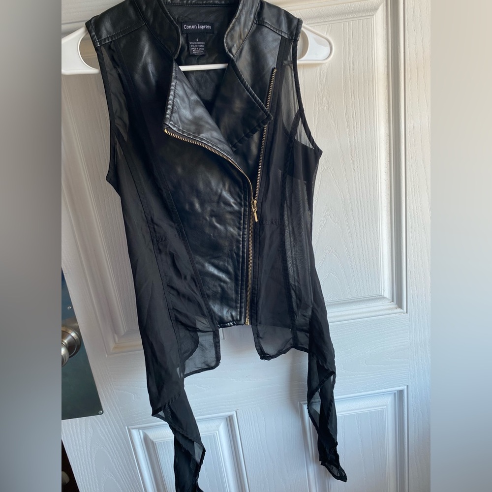 Faux Leather and chiffon Waterfall Vest